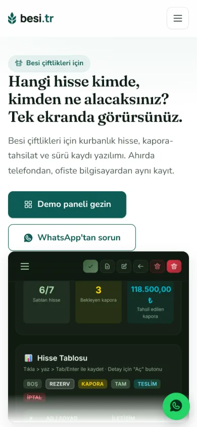 besi.tr sitesinin telefonda görünümü: başlık, eylem düğmeleri ve hisse takip panelinin ekran görüntüsü