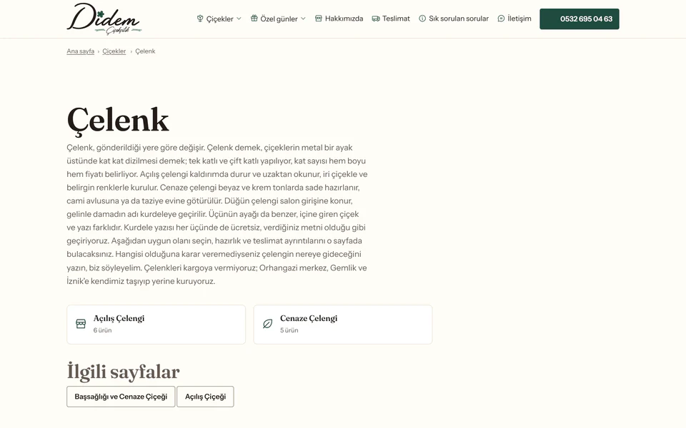 Çelenk sayfası: açılış ve cenaze çelenkleri aynı sayfada, sade düzen, kutlama görselleri ve canlı renkler olmadan.