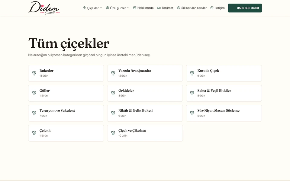 Kategoriler sayfası: çiçek türü ve kullanım amacına göre iki eksenli liste, her kategoride ürün adedi yazıyor.