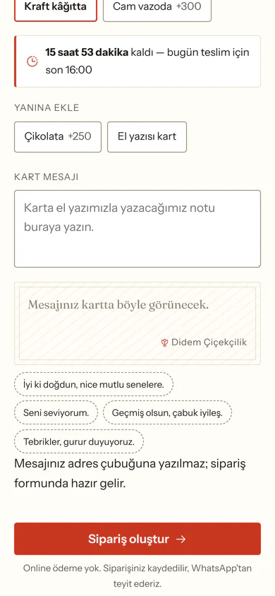 Telefonda sipariş formu: seçenekler, son sipariş saati sayacı, kart mesajı alanı ve 'Online ödeme yok' satırı.
