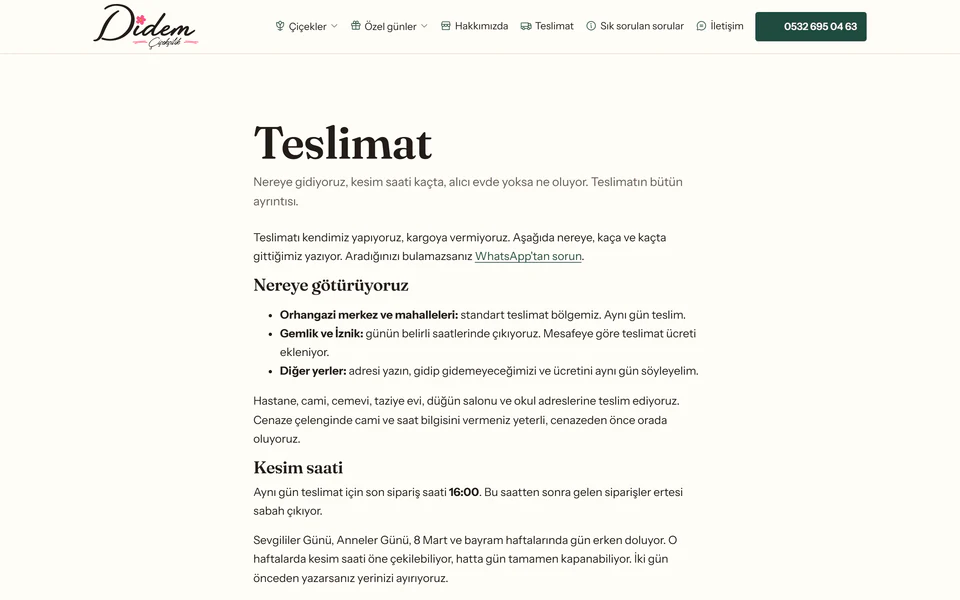 Teslimat sayfası: teslim edilen bölgelerin listesi ve aynı gün teslimat için 16:00 kesim saati.