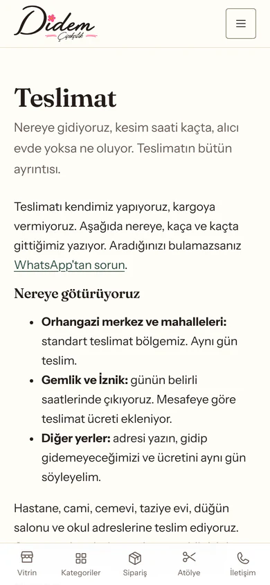 Telefonda teslimat sayfası, altta sabit gezinme çubuğu.